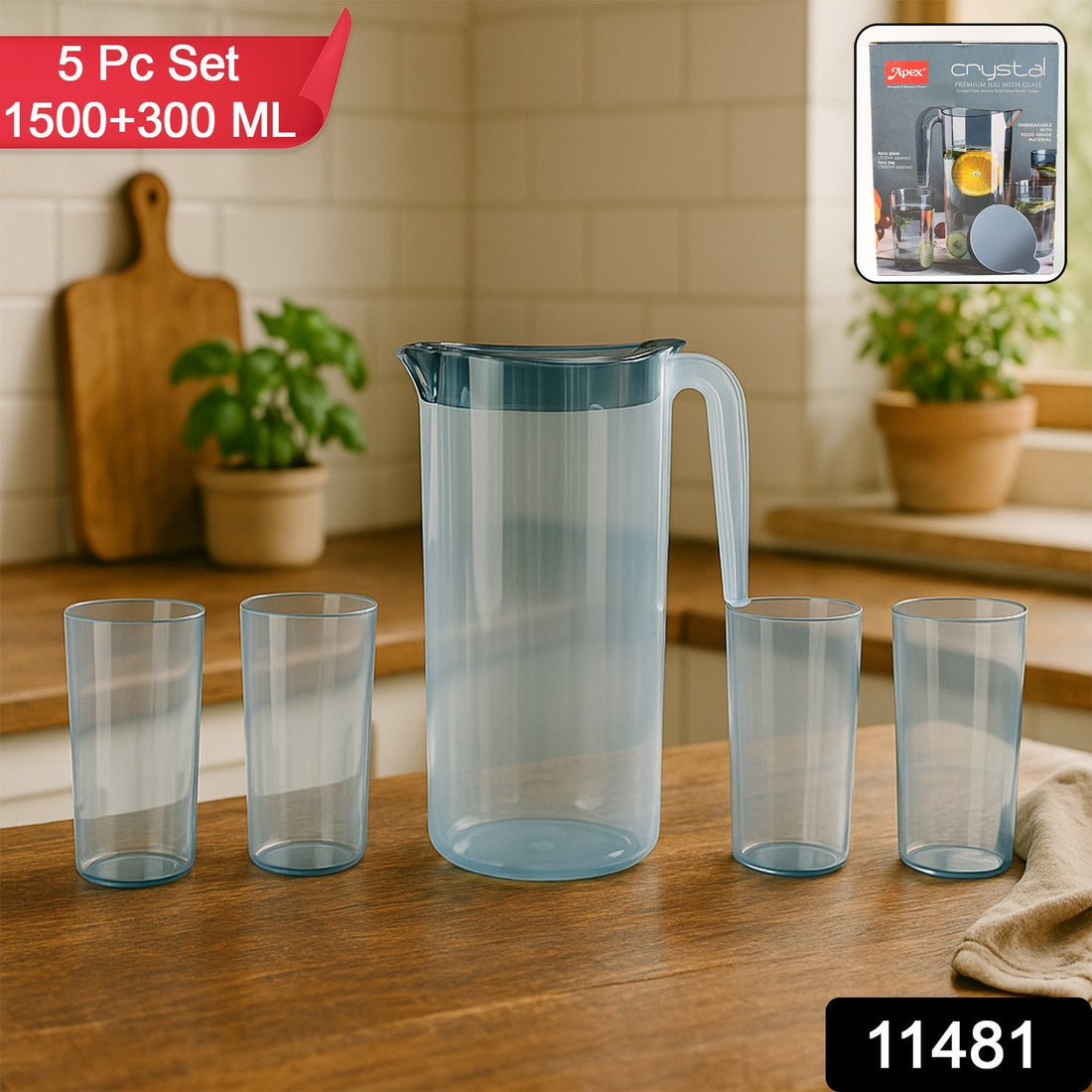 Apex Crystal Premium Jug with Lid & 4 Pcs Glass (1500 ML / 300 ML Approx / 5 Pcs Set)